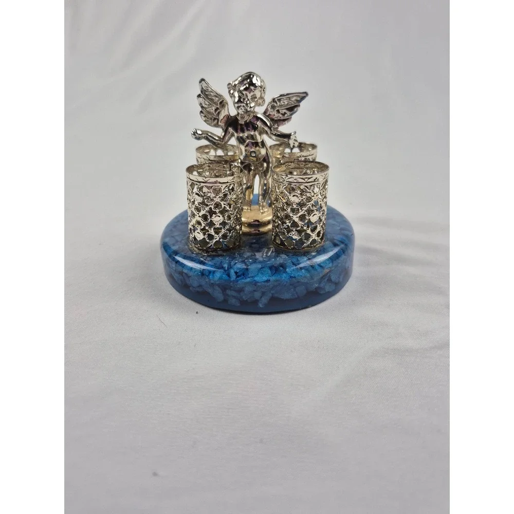 Silver Tone Cherub Angel Lipstick Holder Blue Crushed Stone Base Vanity Sam Fink